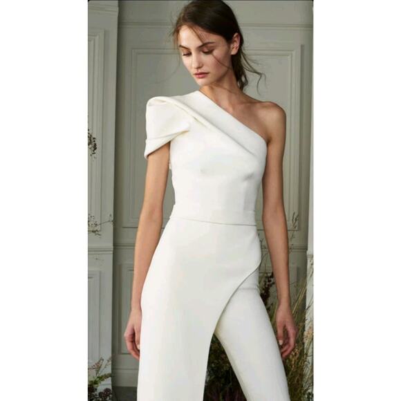 $1295 SAFIYAA Kora Ivory Single Shoulder Asymmetric Top Crepe Sz XS Bridal - Picture 1 of 16